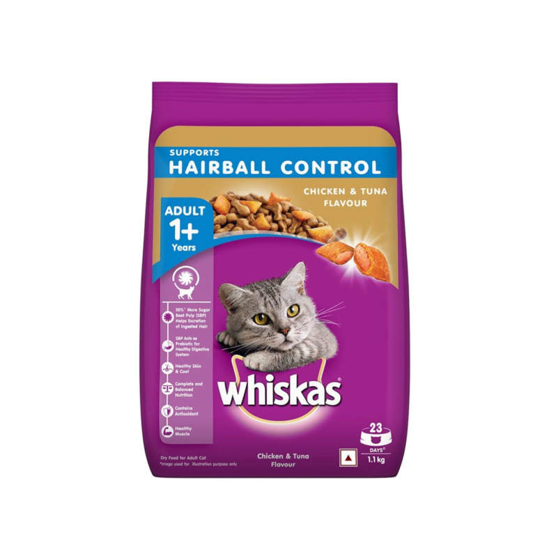 Whiskas Dry Cat Food for Adult Cats (1+ Years), Supports Hairball Control, Chicken & Tuna Flavour, 1.1 kg