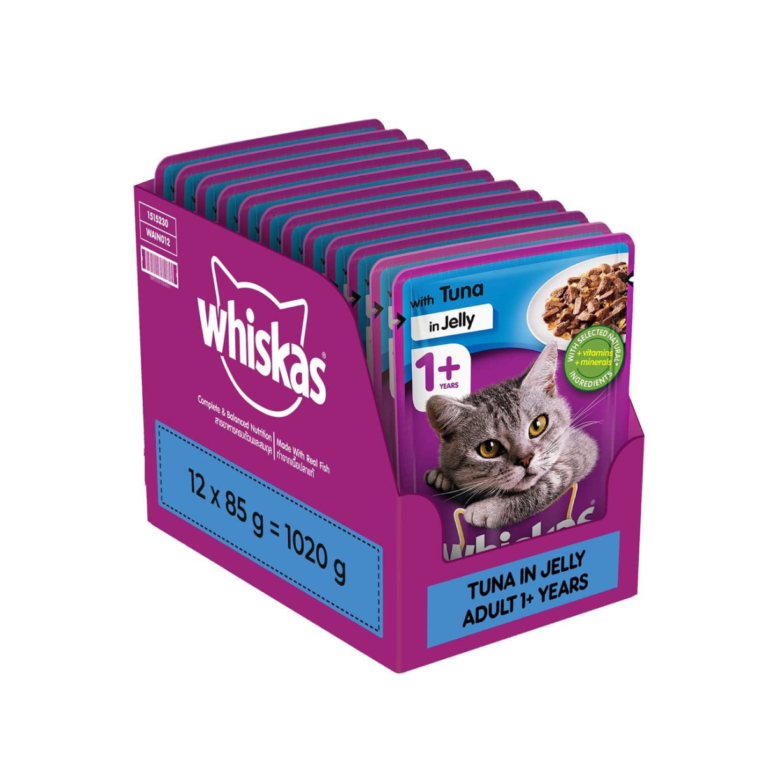 Whiskas Wet Cat Food for Adult Cats (1+Years), Tuna in Jelly Flavour, 12 Pouches (12 x 85g)